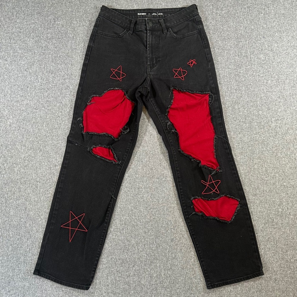 Old Navy Wow Loose High Rise‎ Jeans 6 Black Red Star Distressed Punk Grunge Y2K